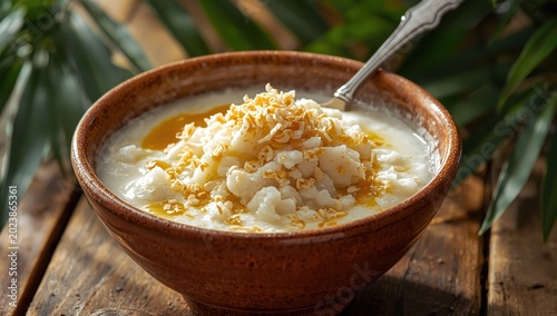 Coconut rice pudding with honey, garnished with toasted coconut, served in a ceramic bowl.