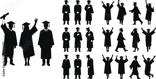 Graduate Student Silhouette Collection Featuring Graduation Ceremony Poses Academic Success and Celebration Vector Illustrations