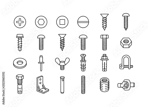 Screw Bolt Types. Line icon set of screw and bolt heads and fastener types: philips screw head, hex socket head, square drive head, slotted screw head, wood screw, metal screw, self tapping screw,