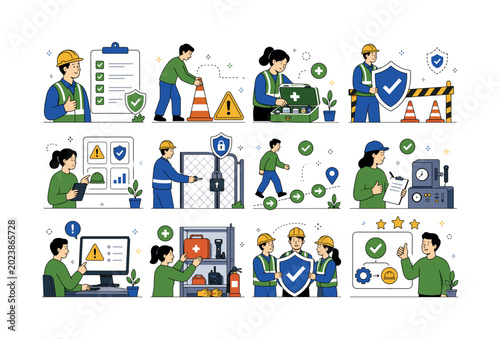 Safety Risk Prevention. Safety, hazard prevention, workplace protection, warning signs, first aid, helmet, secure process, risk control, and emergency readiness. 12 minimalist editorial vector scenes: