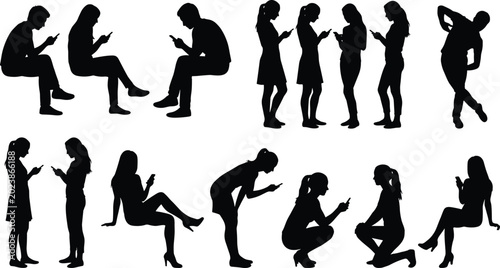 People Using Smartphones Silhouette Collection Featuring Social Media Communication and Mobile Technology Lifestyle Poses