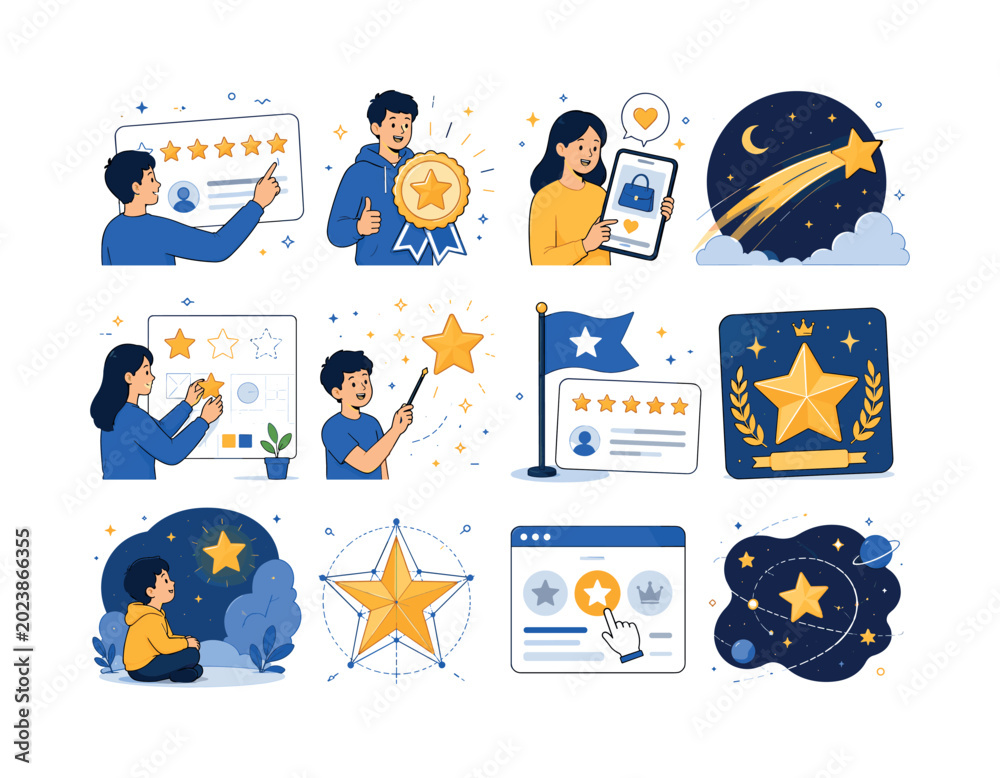 Fototapeta premium Star Rating Magic. Star symbols, favorite marks, ratings, decoration, sparkle, success, best choice, winner badge, shooting star, premium quality, night sky, magic, geometry, wishes, web design, and