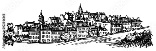 Fotografie European old town on a hill hand-drawn vector sketch Picturesque hilltop village