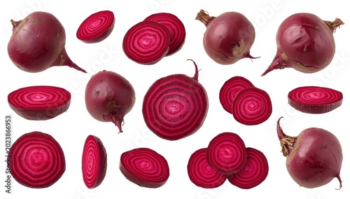 Collection of red beetroots and sliced beets against a white backdrop. File includes clipping paths.