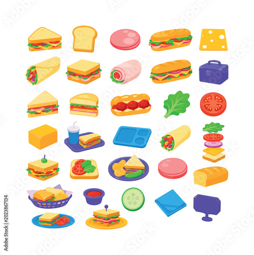 Sandwich Deli Meal collection of 32 flat vector sandwich food icons: toast sandwich, bread slice, ham layer, sub sandwich, cheese slice, tortilla wrap, deli sandwich, turkey roll, italian hoagie,