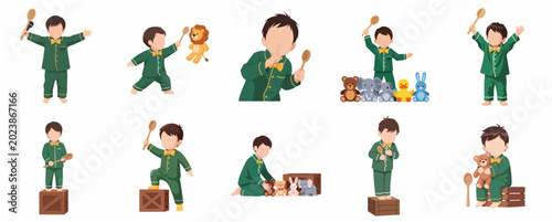 Quadro su tela Vector illustration set of a cute little boy in green pajamas playing with a wooden spoon and stuffed toys, depicting various imaginative pretend play activities and childhood creativity