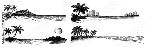 Foto Set of tropical beach scenes hand-drawn vector illustrations Hawaiian and Miami