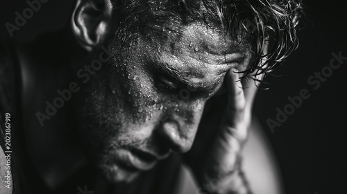 Man Shows Signs of Exhaustion After Intense Training Session in Gym Environment Captured in High Detail