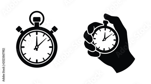 Billede på lærred Stopwatch icon and hand holding stopwatch black silhouette