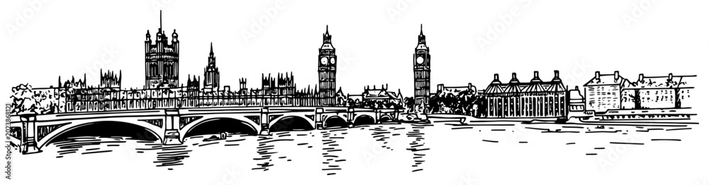 Obraz premium London cityscape with Big Ben and Westminster Palace vector sketch Hand drawn view of UK parliament on Thames river England travel landmark illustration