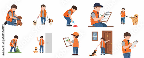 Set of Professional Dog Walker and Pet Sitter Illustrations for Service Business