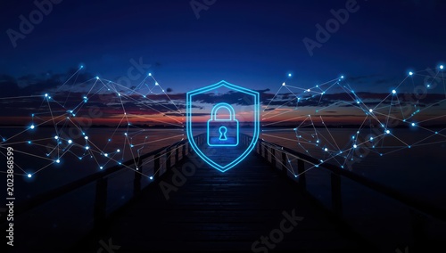 Illuminated blue padlock within a shield on a dark pier at twilight, showcasing network connections. Safety, cyber defense, safeguarding, digital, cutting-edge, contemporary, tech.