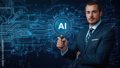 Concept of AI technology featuring a magnifying glass over text and a circuit board, with a businessman holding a magnifying glass displaying AI and tech icons.