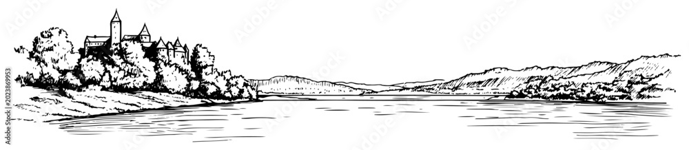 Fototapeta premium River Valley Panorama with Hilltop Castle Hand Drawn Vector Line Art Landscape Illustration Black and White