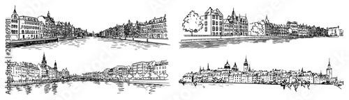 Photos Hand drawn European riverfront cityscape panoramas vintage ink line art vector s
