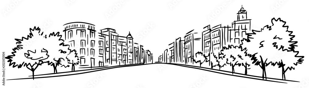 Naklejka premium Grand Avenue Perspective with Historic City Buildings and Trees Hand Drawn Vector Line Art Illustration Black and White