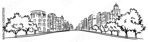 Quadro su tela Grand Avenue Perspective with Historic City Buildings and Trees Hand Drawn Vecto