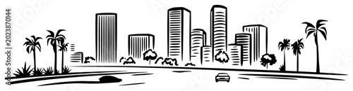Foto Hand-drawn tropical city skyline vector black and white line art with boulevard