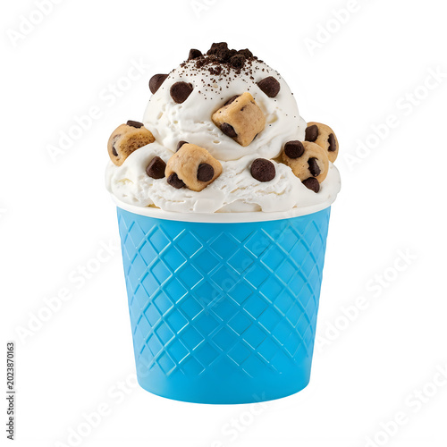 Delicious ice cream in a blue cup with chocolate chips