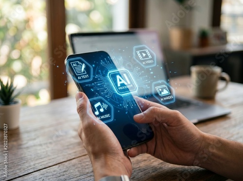 AI assistant on mobile device managing content generation for text, video, music, and image with smart automation, providing convenient access to multimedia tools in digital environment
