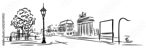 Foto Berlin boulevard with street lamps trees and Brandenburg Gate minimalist black i