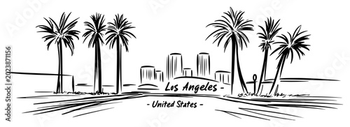 Hand-drawn Los Angeles skyline vector black and white line art with palm trees beach and city buildings