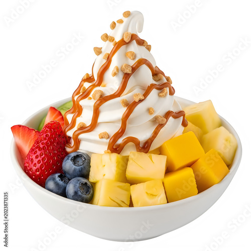 Delicious fruit bowl with ice cream and caramel sauce