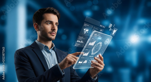 professional businessman analyzing futuristic digital data hologram in modern office