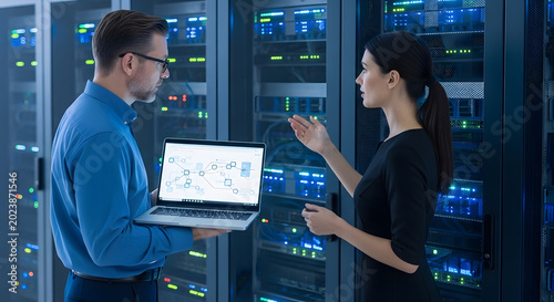 it professionals analyzing data on server racks in modern data center