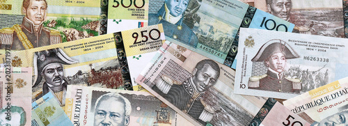 Konstfotografi Haitian gourde money banknotes pile on table