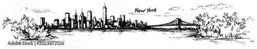 Foto New York City skyline with Brooklyn Bridge and Manhattan skyscrapers Hand drawn