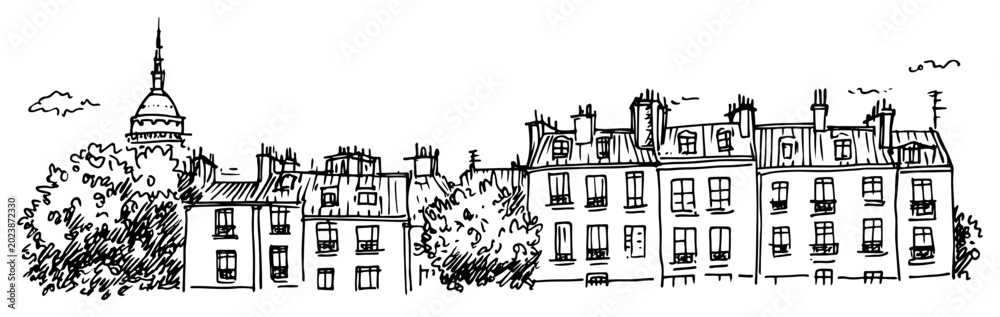 Naklejka premium Paris cityscape with classic French architecture and rooftops. Hand drawn vector skyline sketch.