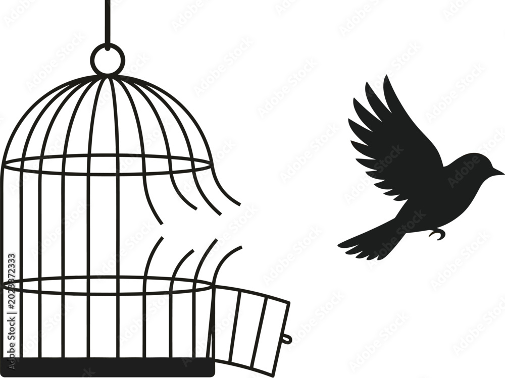 Fototapeta premium Silhouette of a small bird escaping from an open wire cage in this conceptual digital image
