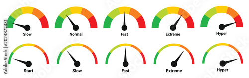 Bild auf Leinwand Ten semicircular gauges with text labels indicating speed levels isolated on tra