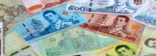 Canvastavla Thai baht money banknotes pile on table