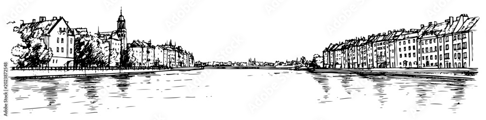 Naklejka premium Panoramic cityscape of a historic European city on the river. Hand drawn vector skyline sketch.