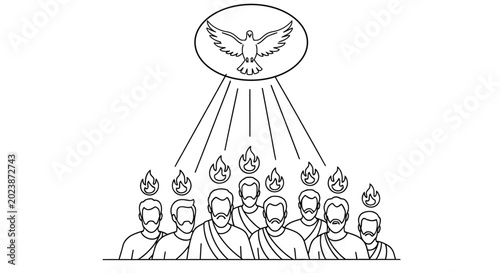 Tablou pe pânză dove above group of people with flames line drawing on white background