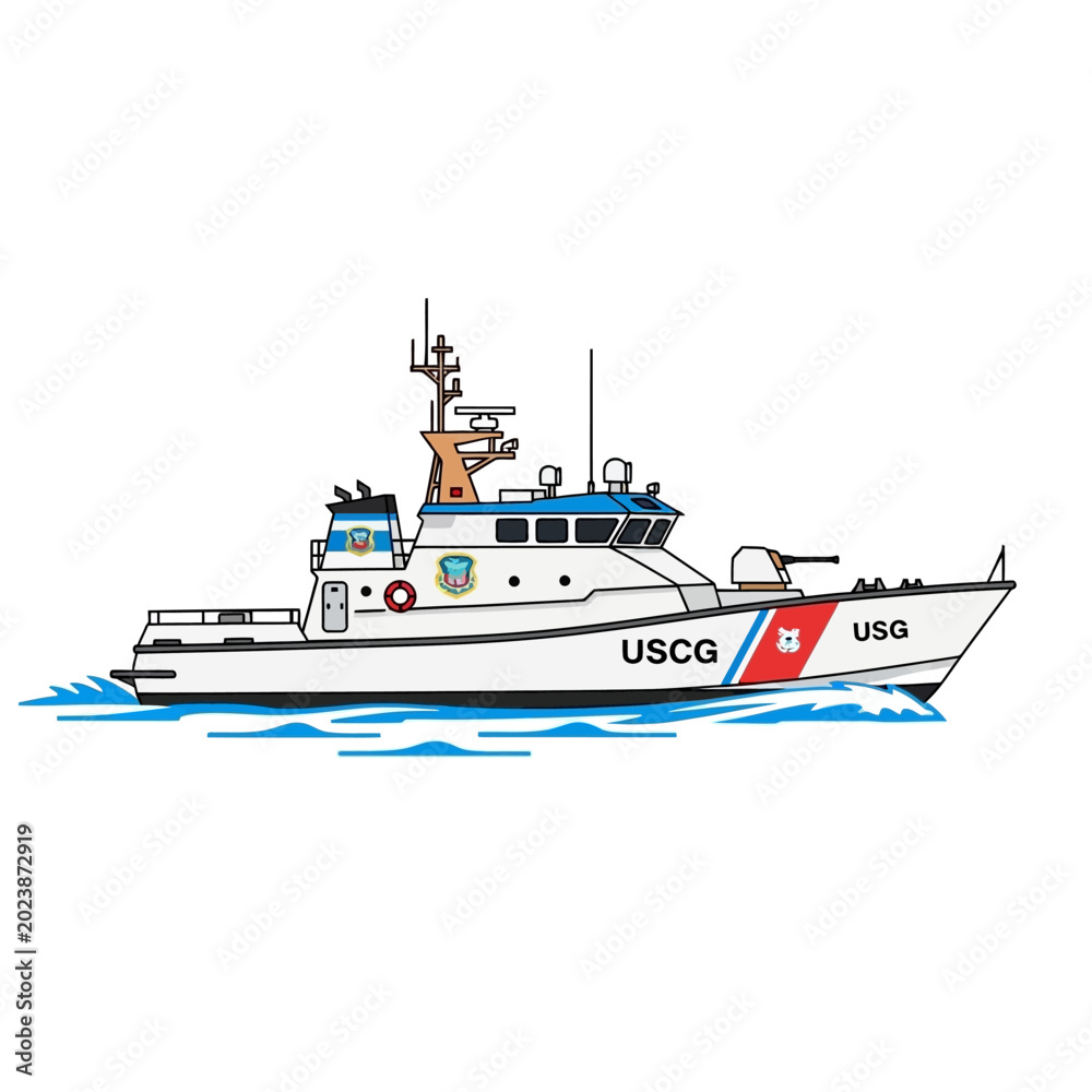 Fototapeta premium Illustrated coast guard cutter on white background maritime transportation