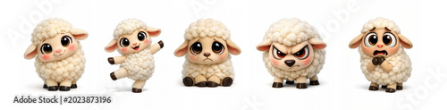 Sad, Scared, Angry, and Dancing Emotional Cartoon Sheep Characters on a White Background
