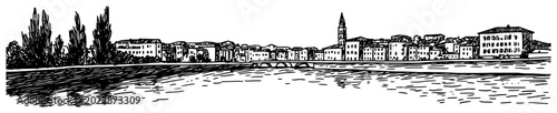 Photos Verona Italy cityscape with bridge over Adige river Hand drawn historic skyline