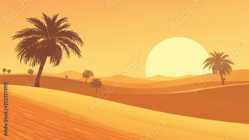 Minimalist flat vector landscape illustration of a calm desert under an orange sunset sky with a palm tree silhouette.