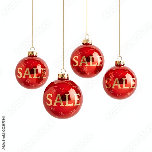 Hanging Red Christmas Baubles with Golden Sale Text Isolated on White Background