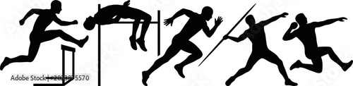 Silhouette of athletic men running jumping and throwing in track and field events on white