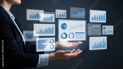 Business analysis reports with charts and graphs. Integrated content management platform. Digital document automation. Businessperson holding reports. 