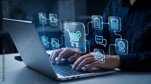 E-commerce order management system. Fulfillment operations software for online store. Businessman using laptop computer to process orders. 