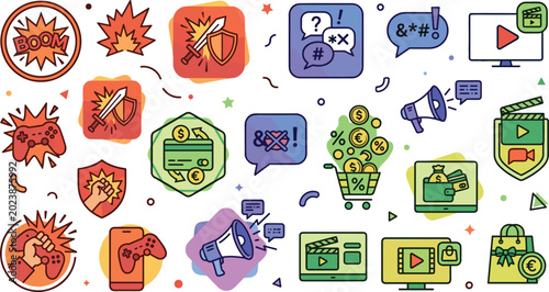 Schilderij op canvas Gaming moderation and monetization icon set featuring content warning badges, st