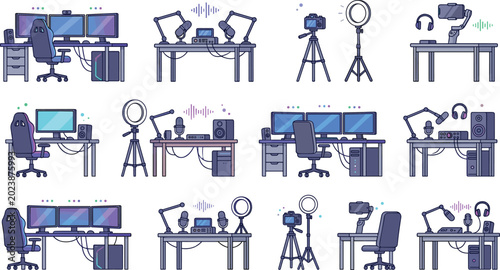 Bilde på lerret Gaming and streaming setup vector set featuring content creator workstations, li