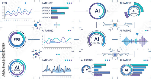 Tableau sur toile Gaming analytics dashboard vector set featuring AI rating indicators, FPS monito