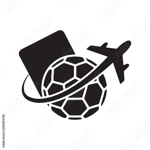 Icon of a soccer ball with an airplane and a square symbol, representing global sports travel