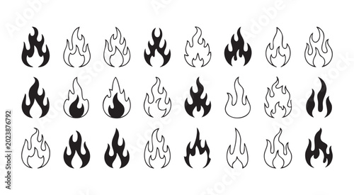 Set of black fire icons isolated on transparent background illustrating flame shapes and silhouettes.